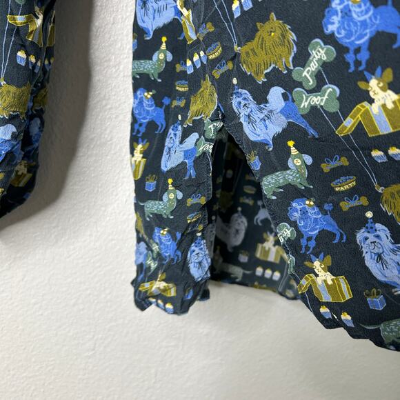 Tyler Boe Halprin Silk Whoof Dog Party Print Button Up Shirt Blue Green Large - Picture 7 of 11